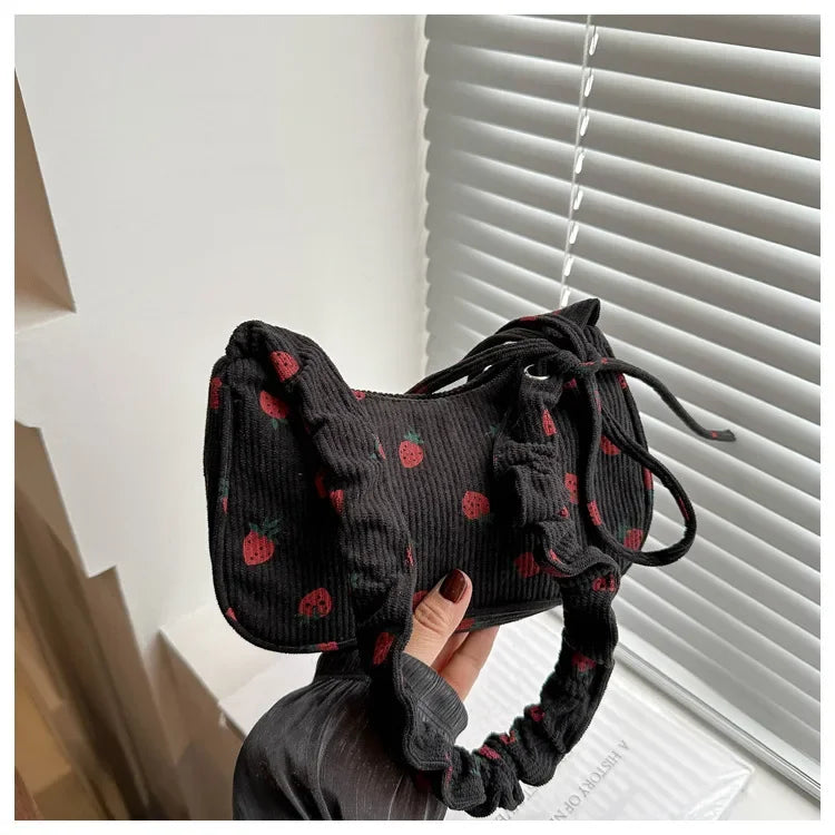 Strawberry Print Corduroy Mini Shoulder Bag