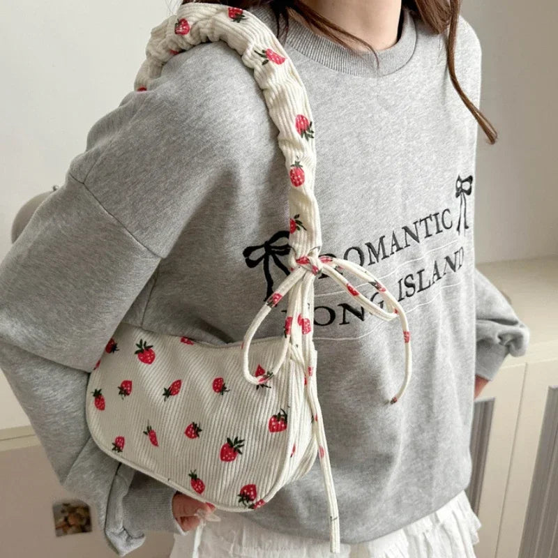 Strawberry Print Corduroy Mini Shoulder Bag