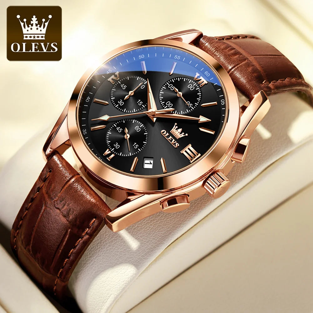 OLEVS 2872 Men's Leather Quartz Watch with Date & Luminous Dial