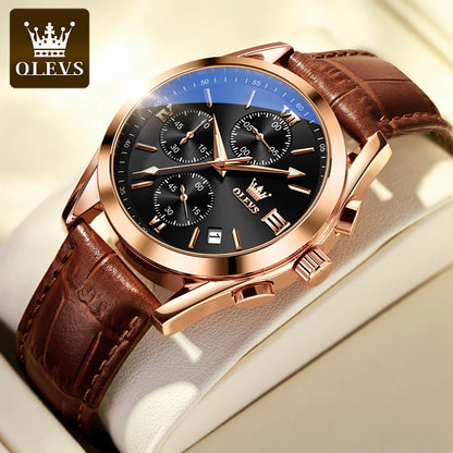 OLEVS 2872 Men's Leather Quartz Watch with Date & Luminous Dial