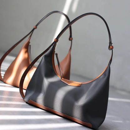 Cowhide & Nylon Hobo Shoulder Bag