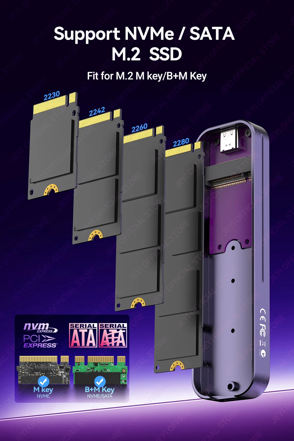 JEYI USB-C M.2 SSD Enclosure with NVMe/SATA Dual Protocol, UASP, TRIM & S.M.A.R.T Support