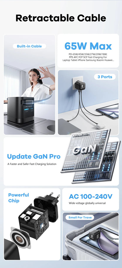 65W GaN USB Charger with Retractable Type-C Cable