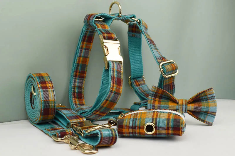 Personalized Plaid Dog Collar, Harness & Leash Set