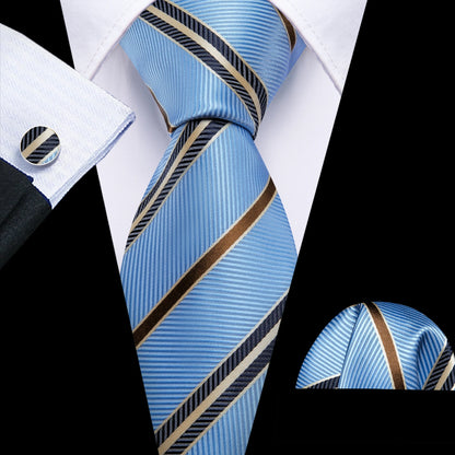 Barry Wang Jacquard Striped Silk Men's Tie Pocket Square Cufflinks Set