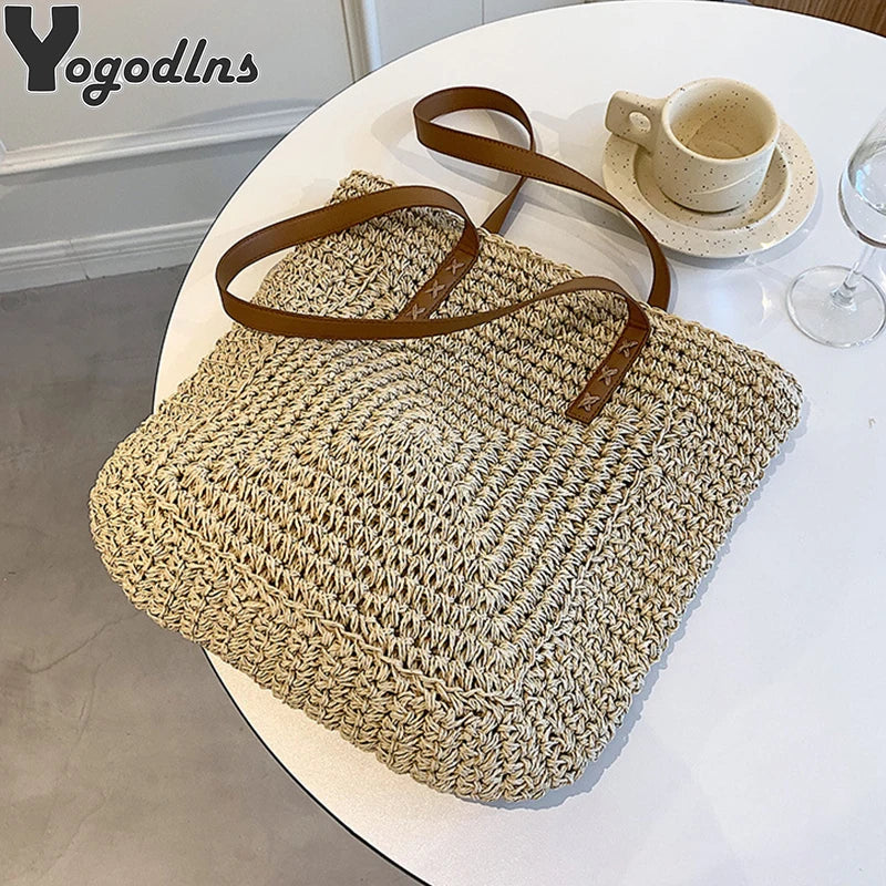 Handmade Woven Straw Beach Tote Bag