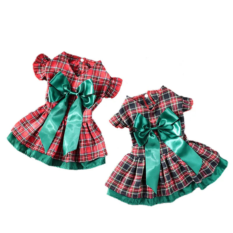 Plaid Christmas Dog Dress with Bow