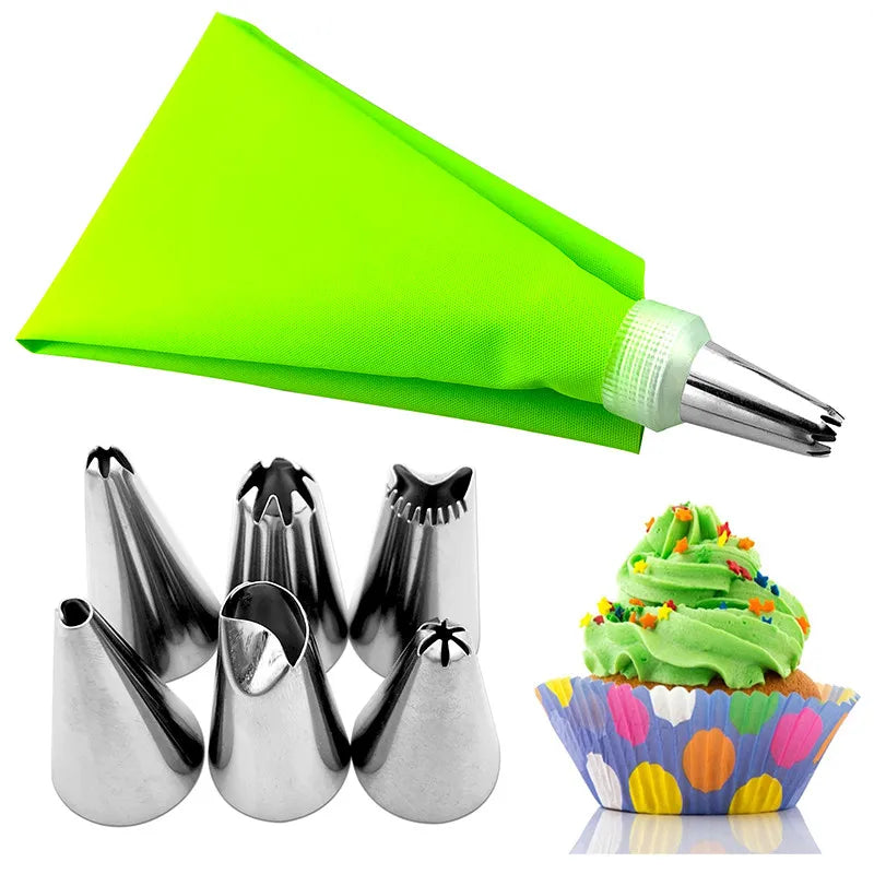 8Pcs  Silicone Icing Piping Cream Pastry Bag + 6 Stainless Steel Cake Nozzle