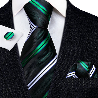 Barry Wang Jacquard Striped Silk Men's Tie Pocket Square Cufflinks Set