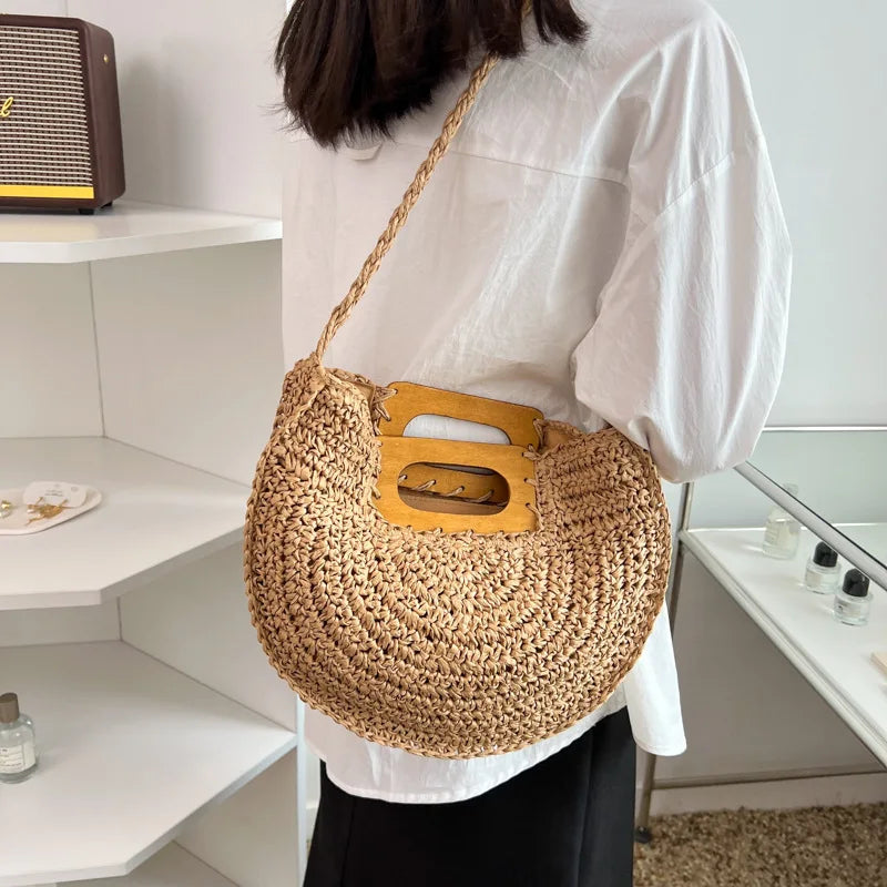 Handwoven Bohemian Straw Shopper Tote Bag