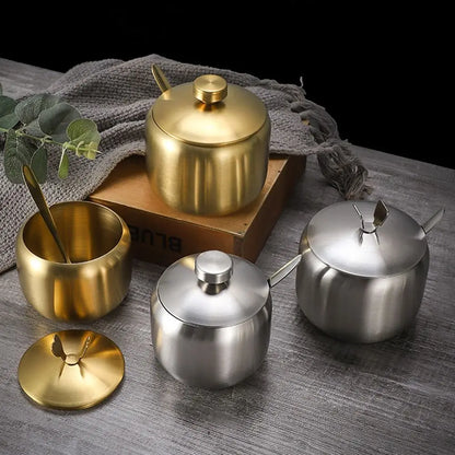 Stainless Steel Sugar Bowl with Lid & Spoon
