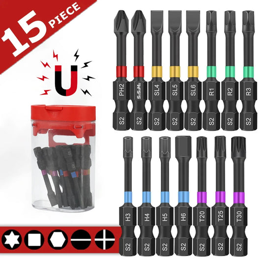 15Pcs Magnetic Electric Screwdriver Bit Set