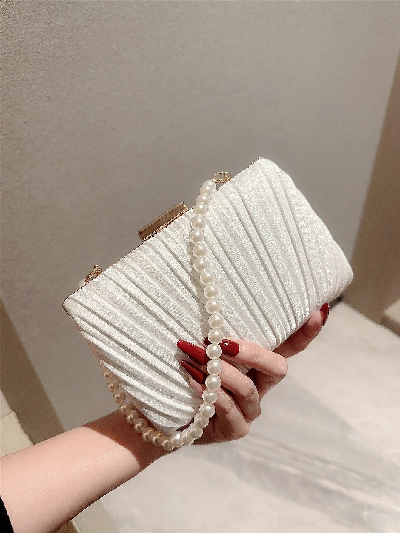 Pleated Design Satin Evening Clutch Bag