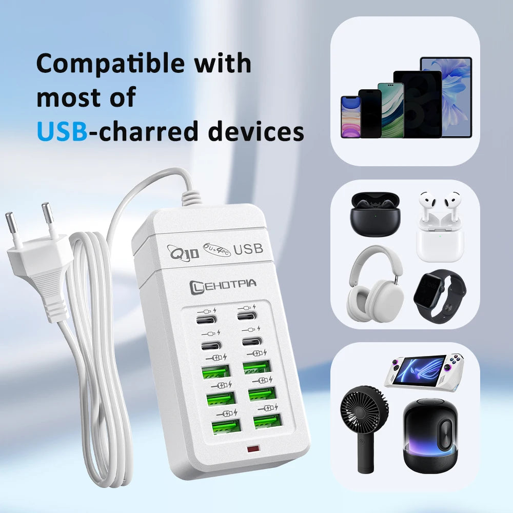 10-Port USB Charging Station with Multi-Plug Adapter
