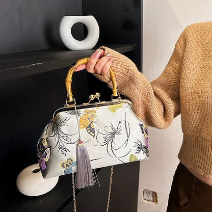 Luxury Embroidered Evening Handbag with Bamboo Handle