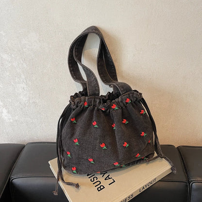 Embroidered Denim Drawstring Shoulder Tote Bag