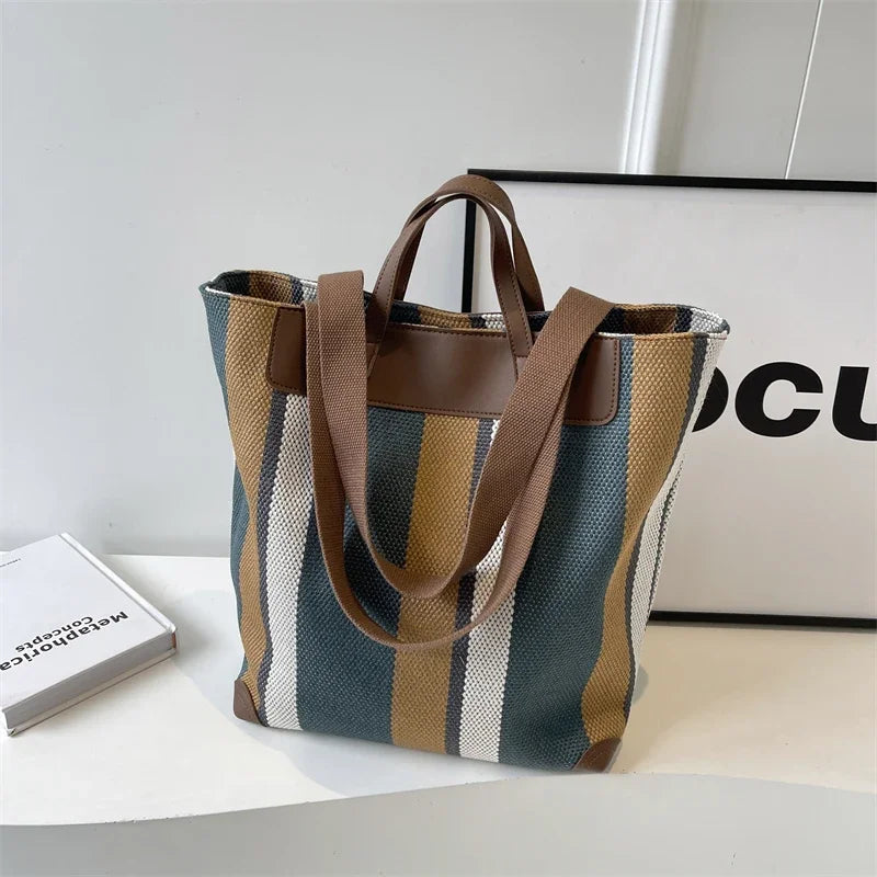 Striped Canvas Shoulder Tote Bag