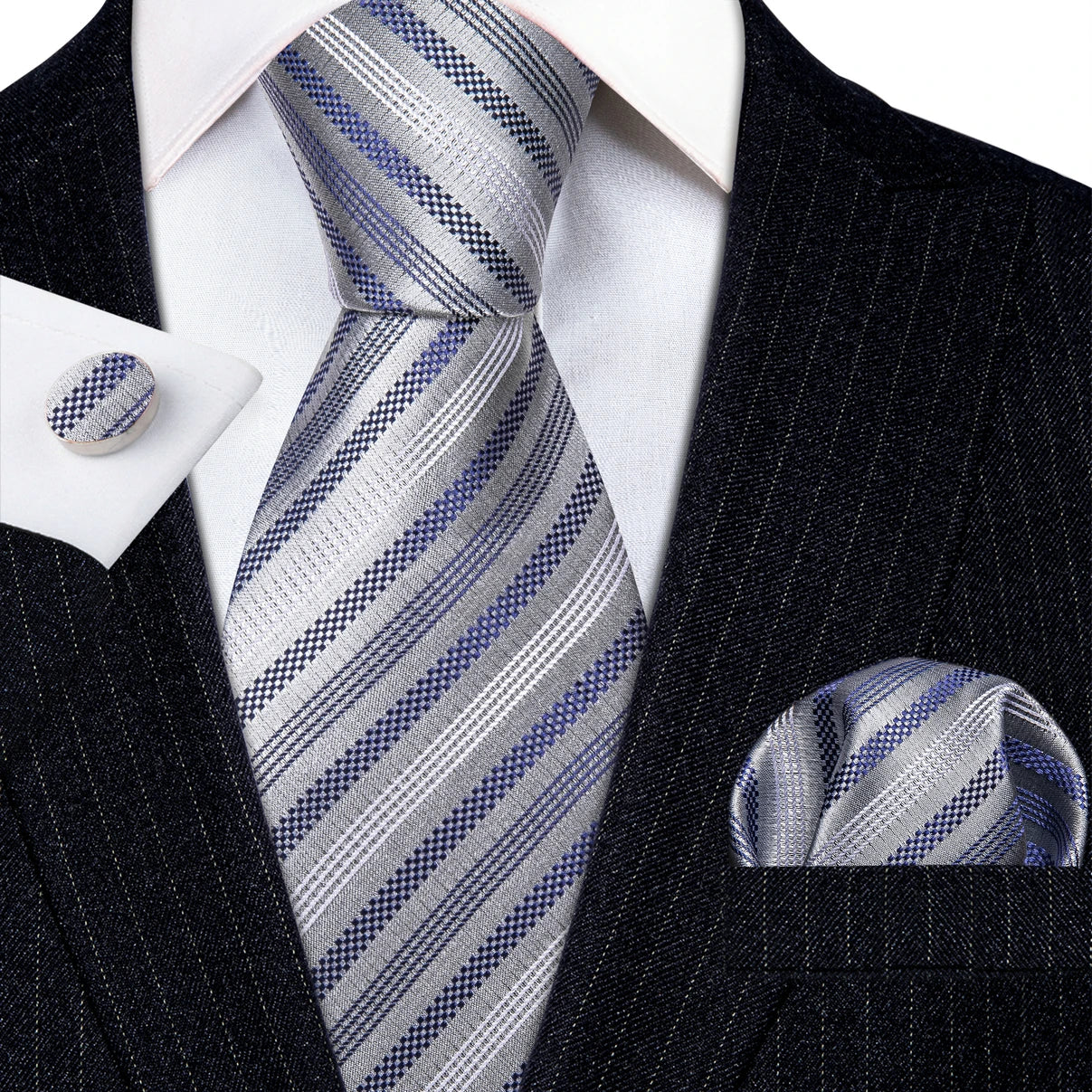 Barry Wang Jacquard Striped Silk Men's Tie Pocket Square Cufflinks Set