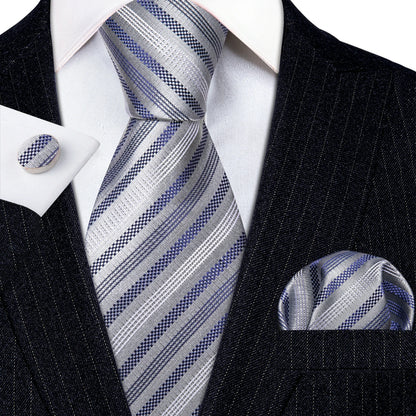 Barry Wang Jacquard Striped Silk Men's Tie Pocket Square Cufflinks Set