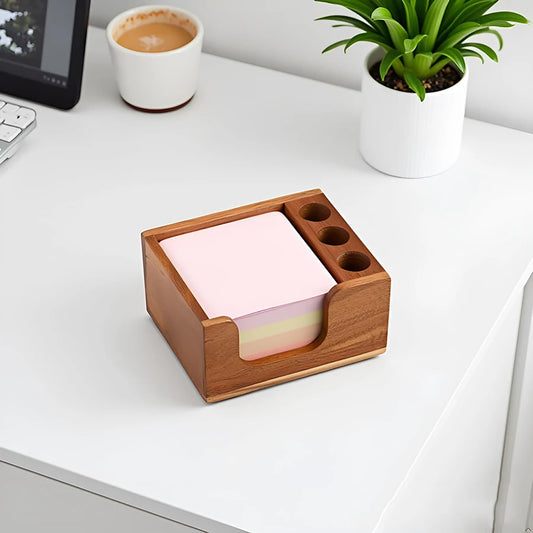 Wooden Desk Organizer with Pen Holders & Note Storage
