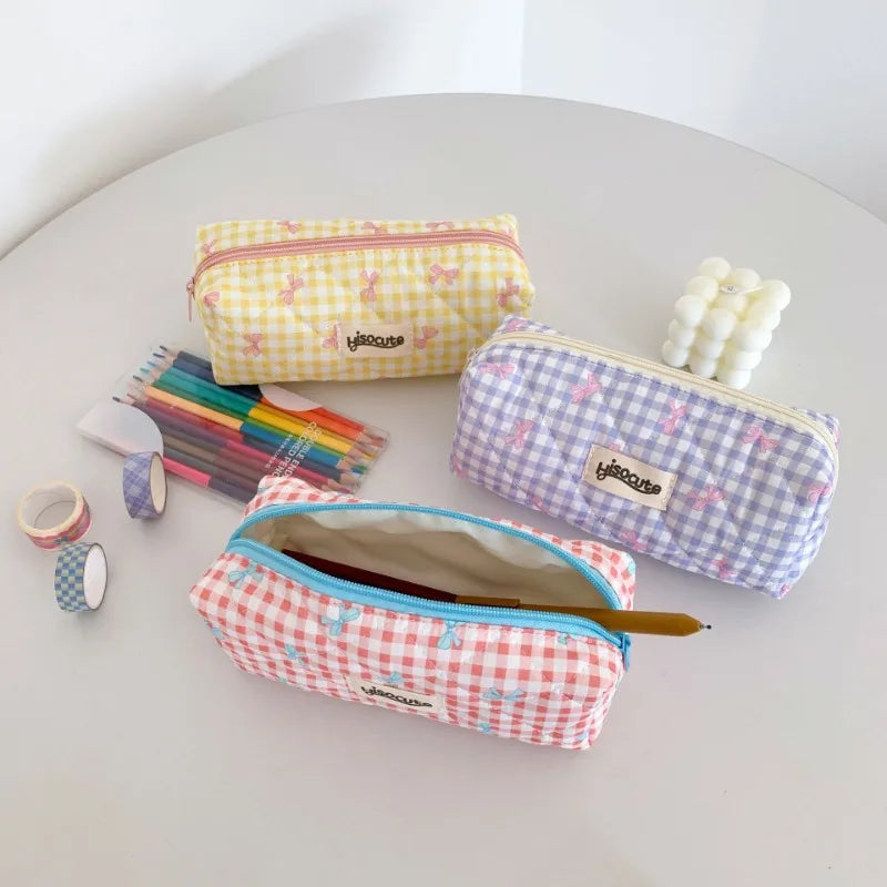Fresh Plaid Bow Print Pencil Case
