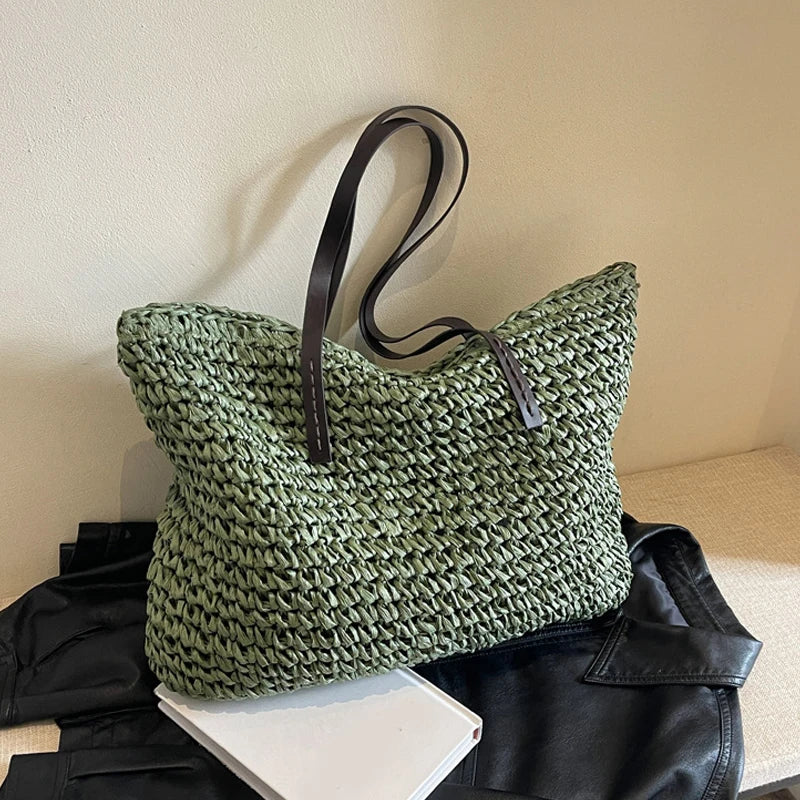 Large Woven Straw Beach Tote Bag