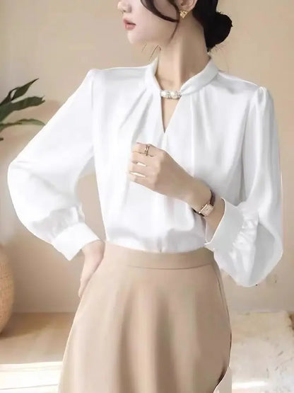 Women's Elegant Satin White Stand Collar Beaded Blouse
