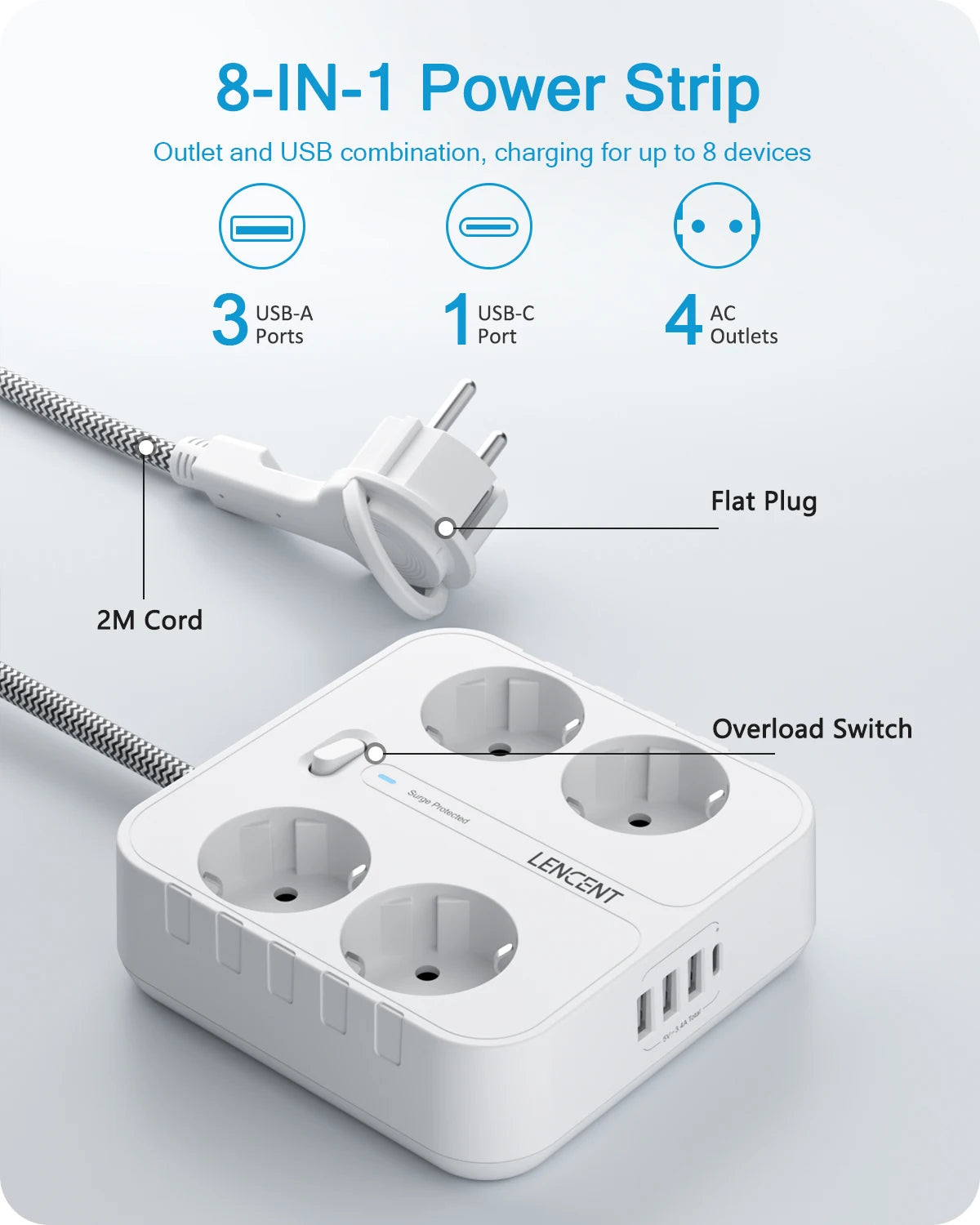EU Power Strip with USB & Type-C Charging