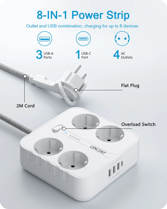 EU Power Strip with USB & Type-C Charging