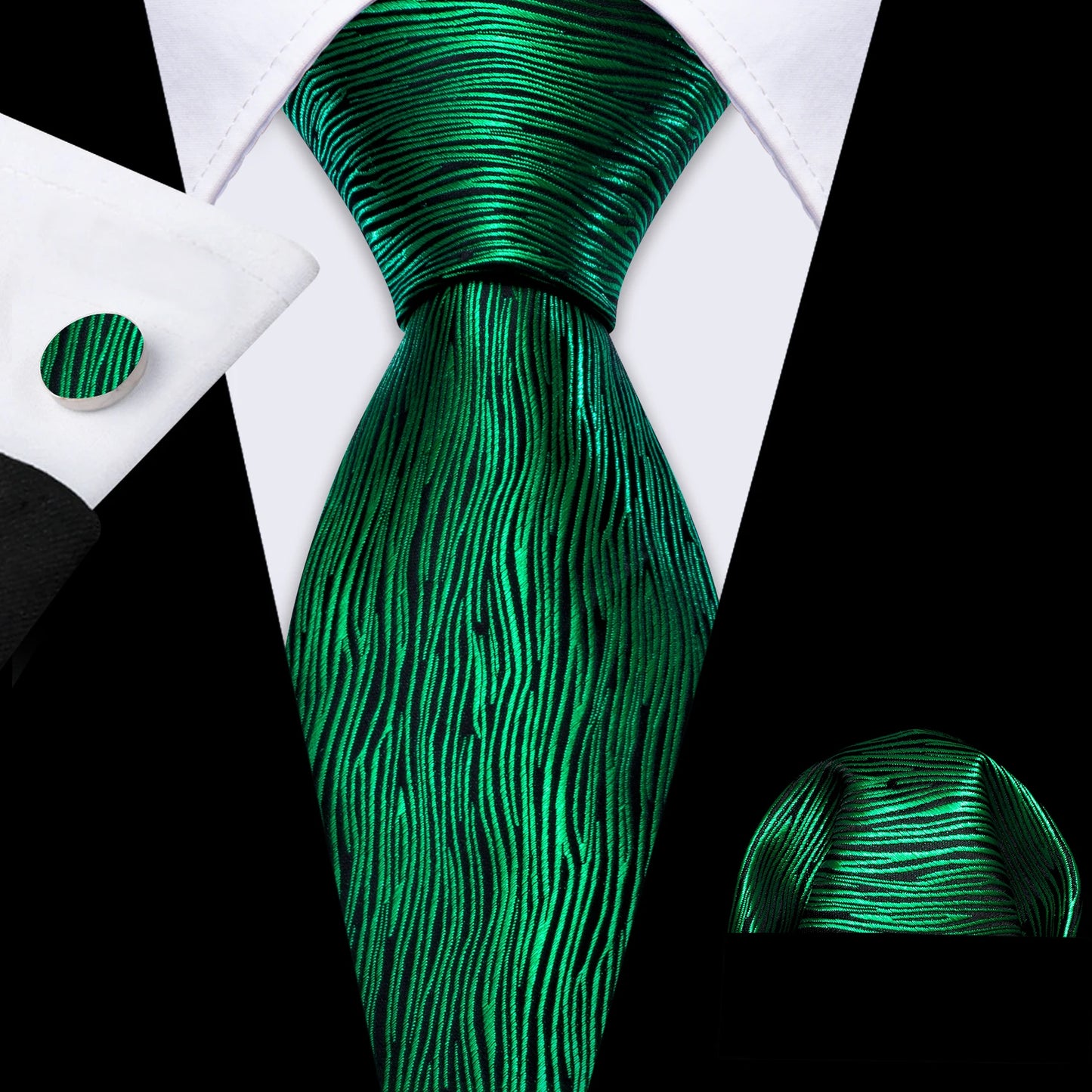 Barry Wang Jacquard Striped Silk Men's Tie Pocket Square Cufflinks Set