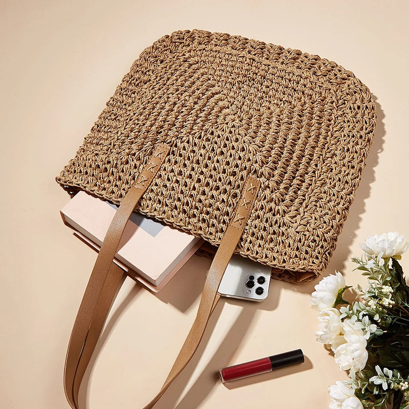 Handmade Woven Straw Beach Tote Bag