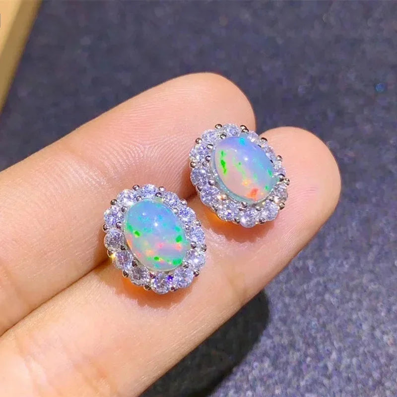 925 Sterling Silver Oval Opal Stud Earrings