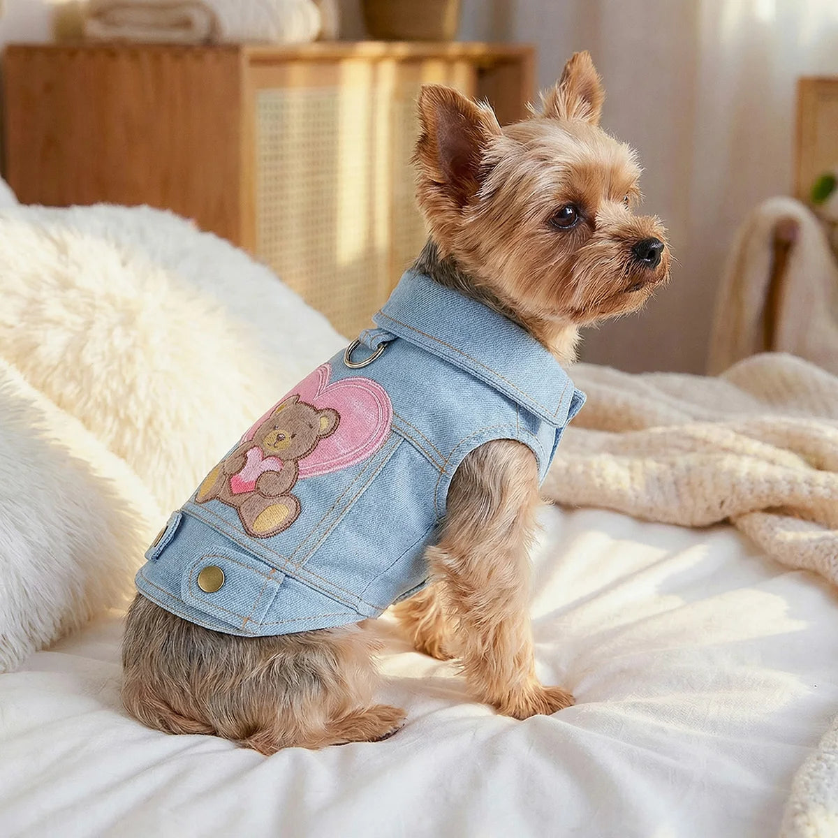 Heart Hug Bear Denim Dog Vest with D-Ring