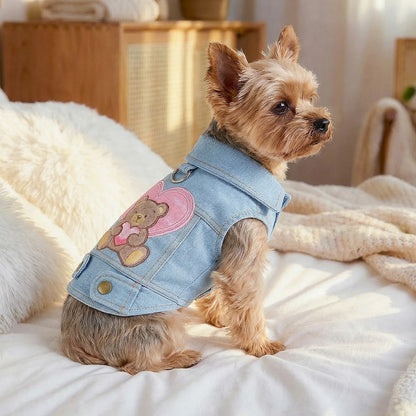 Heart Hug Bear Denim Dog Vest with D-Ring