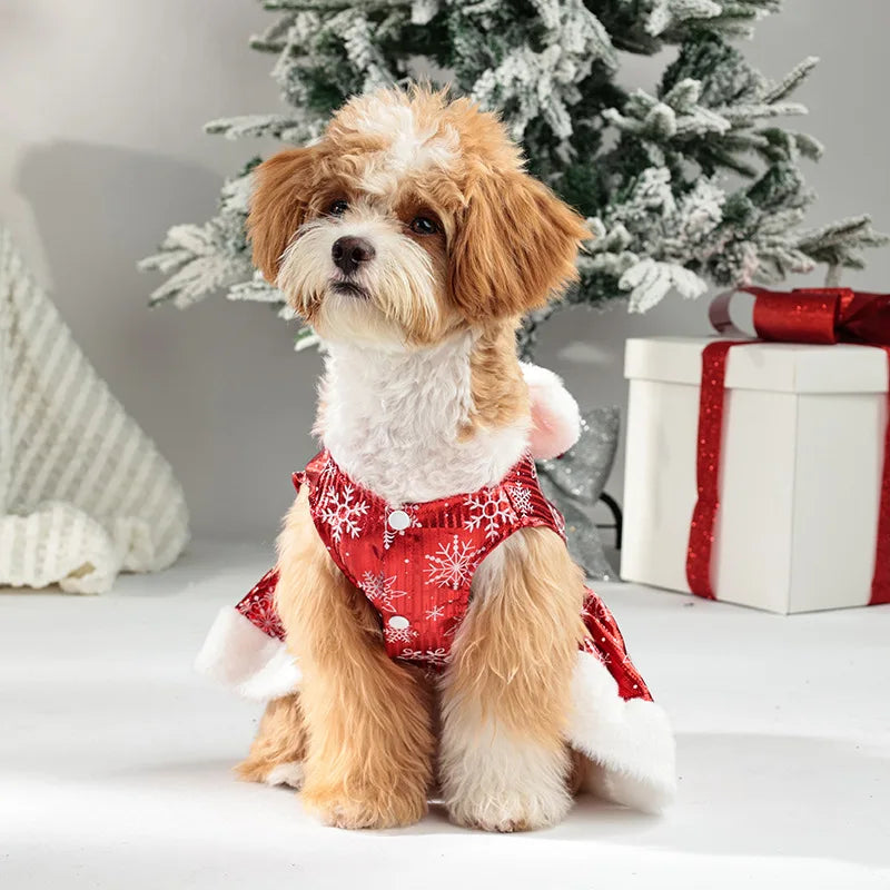 Christmas Dog Dress with Bow & Faux Fur Trim
