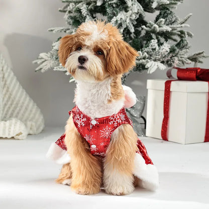 Christmas Dog Dress with Bow & Faux Fur Trim
