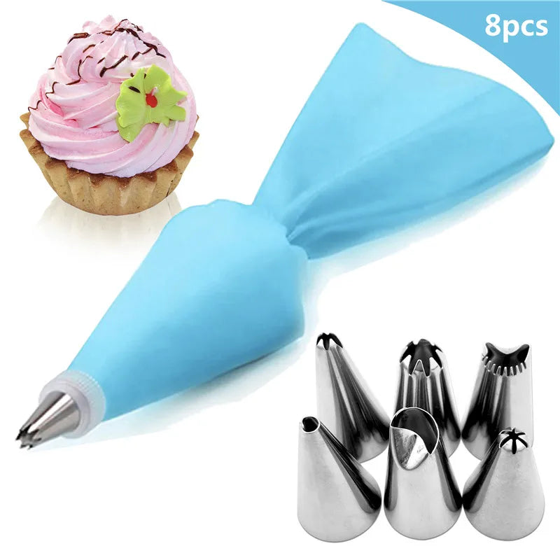 8Pcs  Silicone Icing Piping Cream Pastry Bag + 6 Stainless Steel Cake Nozzle