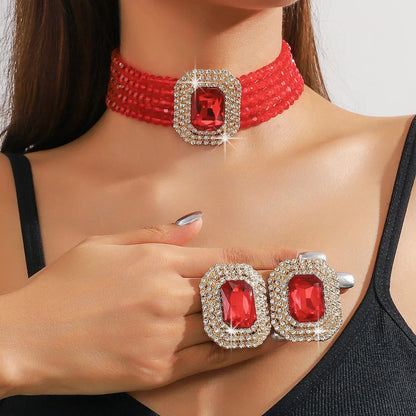 Multilayer Crystal Necklace & Geometric Earring Set