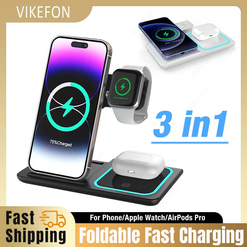 3-in-1 Foldable Wireless Charging Station with LED Light