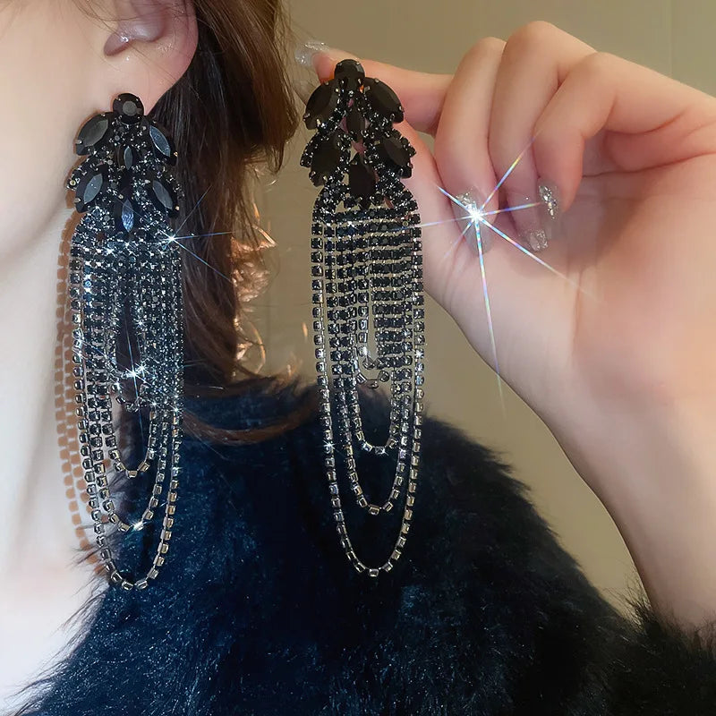 Geometric Crystal Long Tassel Earrings