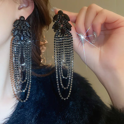 Geometric Crystal Long Tassel Earrings