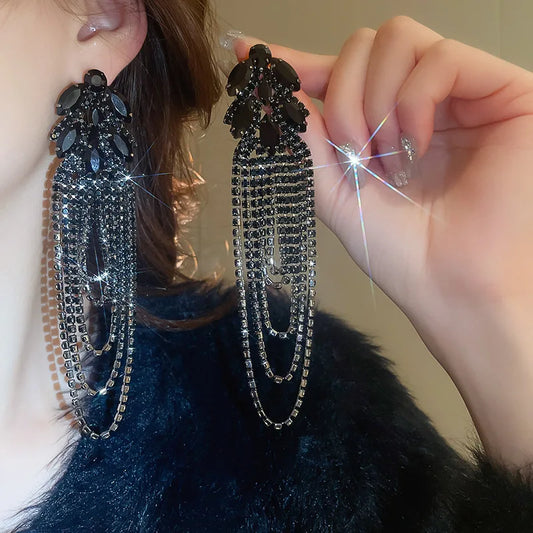 Geometric Crystal Long Tassel Earrings