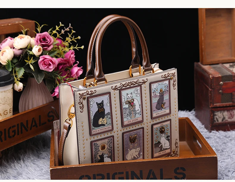 Vintage Cat Print Leather Tote Bag