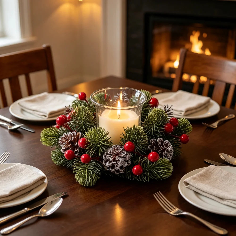 Christmas Pine & Berry Candle Ring Wreath