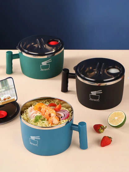 Insulated Stainless Steel Instant Noodle Bowl with Lid & Built-In Strainer