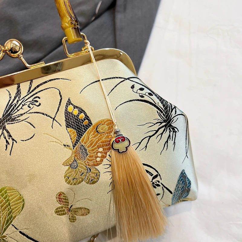 Luxury Embroidered Evening Handbag with Bamboo Handle