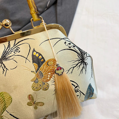 Luxury Embroidered Evening Handbag with Bamboo Handle