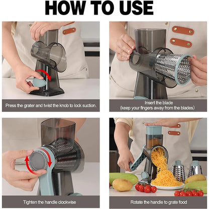 3-in-1 Rotary Cheese Grater & Vegetable Slicer with Stainless Steel Blades