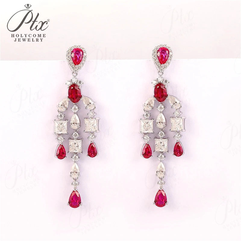 Vintage Moissanite Ruby Drop Earrings 925 Sterling Silver