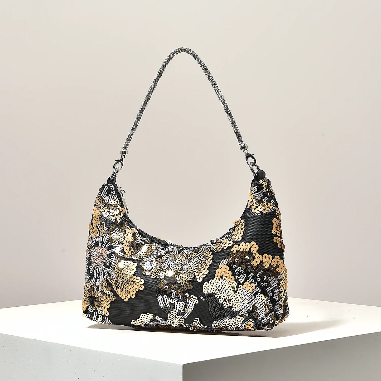Floral Embroidered Sequin Shoulder Bag